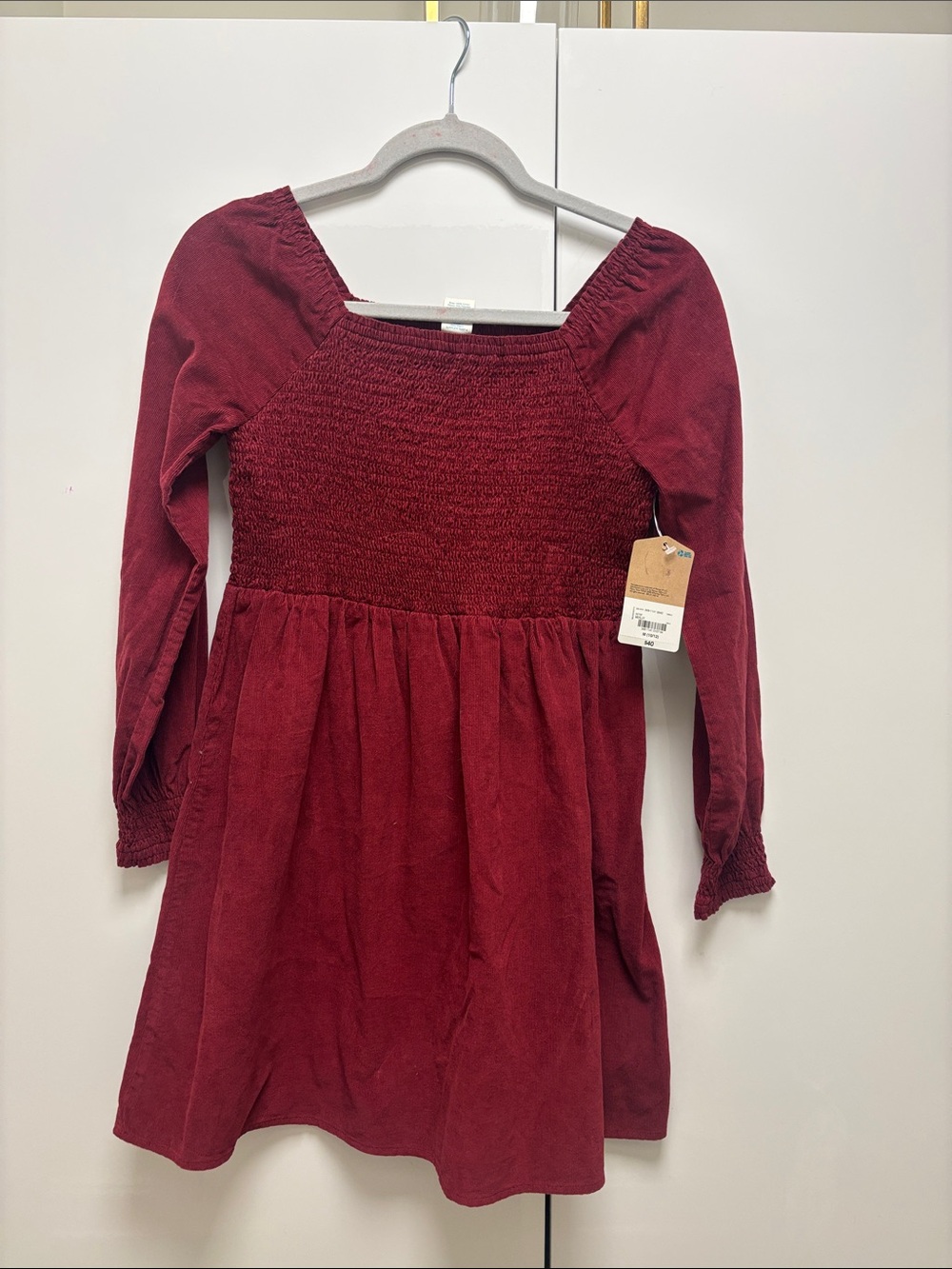 Girls' Burgundy Long-Sleeve Smocked Dress